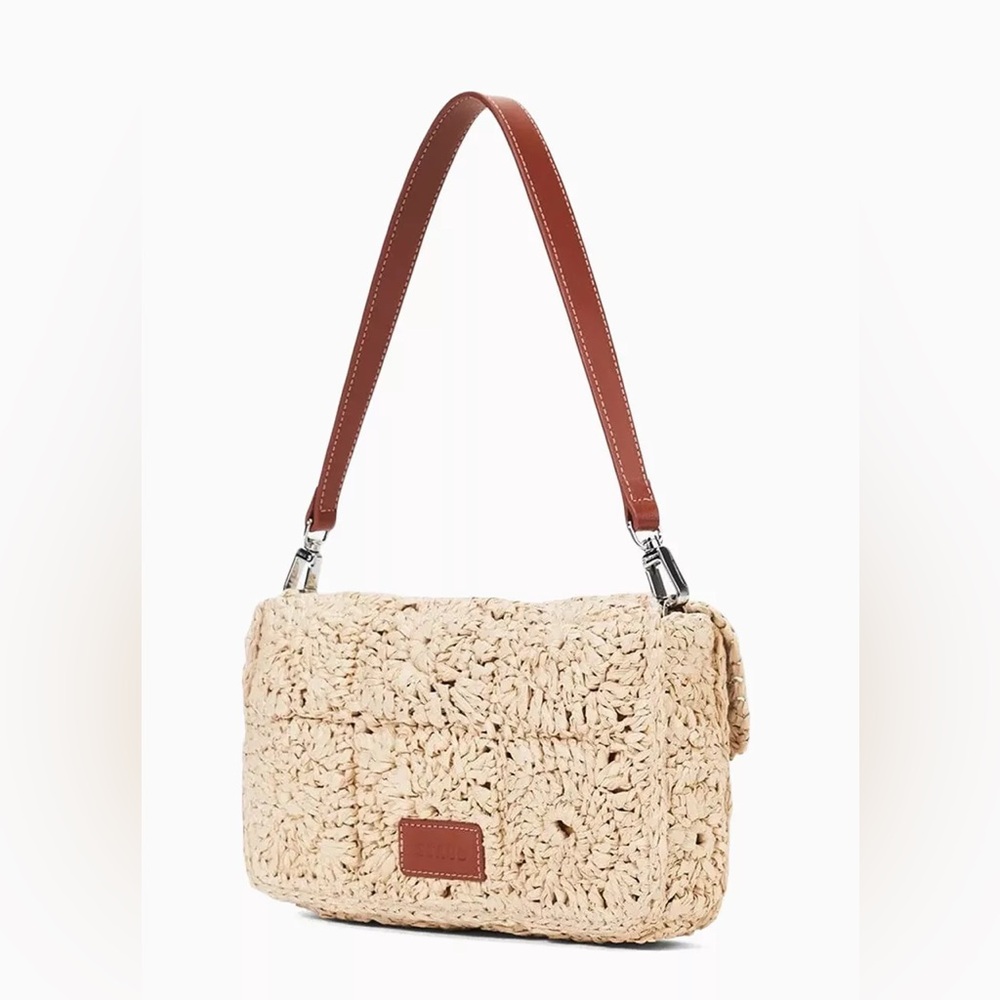 STAUD Woven Straw Shoulder Bag with Brown Strap